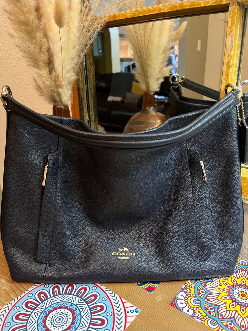 Coach Black Pebbled Leather Hobo Shoulder Bag with Gold Hardware NEW